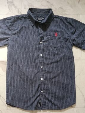 U.S. Polo Assn. Navy Short Sleeve Dot-Print Button Down Shirt with Red Logo